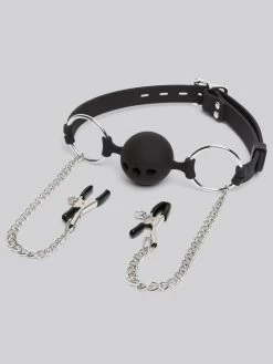 DOMINIX Deluxe Large Breathable Ball Gag With Nipple Clamps