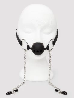 DOMINIX Deluxe Large Breathable Ball Gag With Nipple Clamps -Online Sex toys shop 55921 a31953 black 003