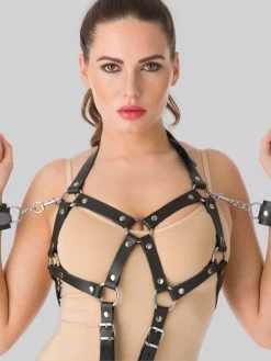 DOMINIX Deluxe Leather Open Cup Body Harness With Cuffs -Online Sex toys shop 58437 a32958 black regular 003