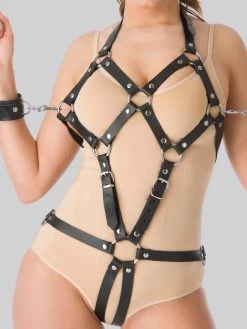 DOMINIX Deluxe Leather Open Cup Body Harness With Cuffs -Online Sex toys shop 58437 a32958 black regular 004