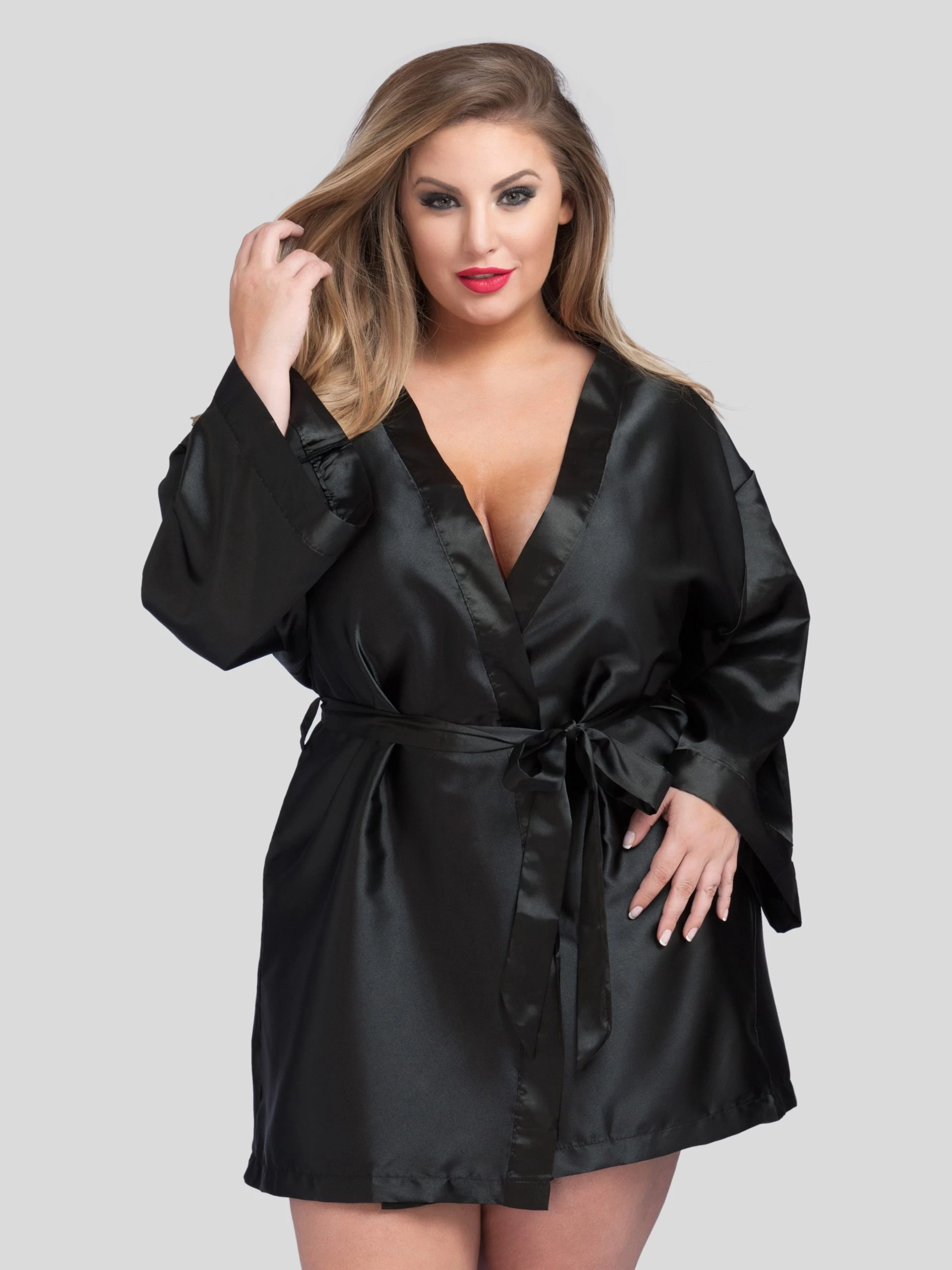 Lovehoney Plus Size Short Black Satin Robe 4 Lovehoney Plus Size Short Black Satin Robe - Image 2