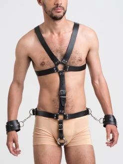 DOMINIX Deluxe Leather Body Harness With Cock Ring And Wrist Cuffs