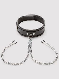 DOMINIX Deluxe Leather Collar With Nipple Clamps