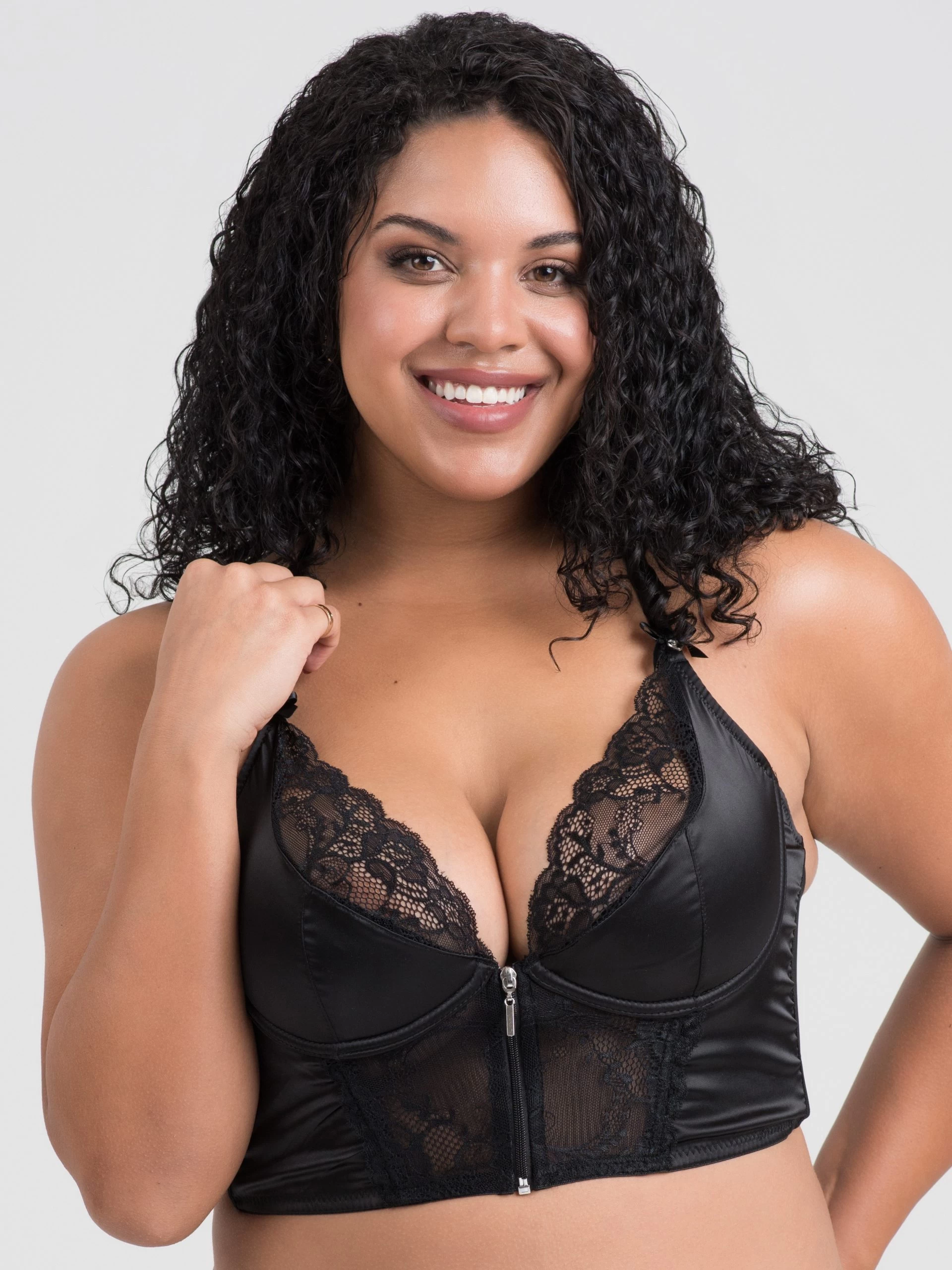 Lovehoney Plus Size Front-Fastening Satin Longline Bra Black 3 Lovehoney Plus Size Front-Fastening Satin Longline Bra Black