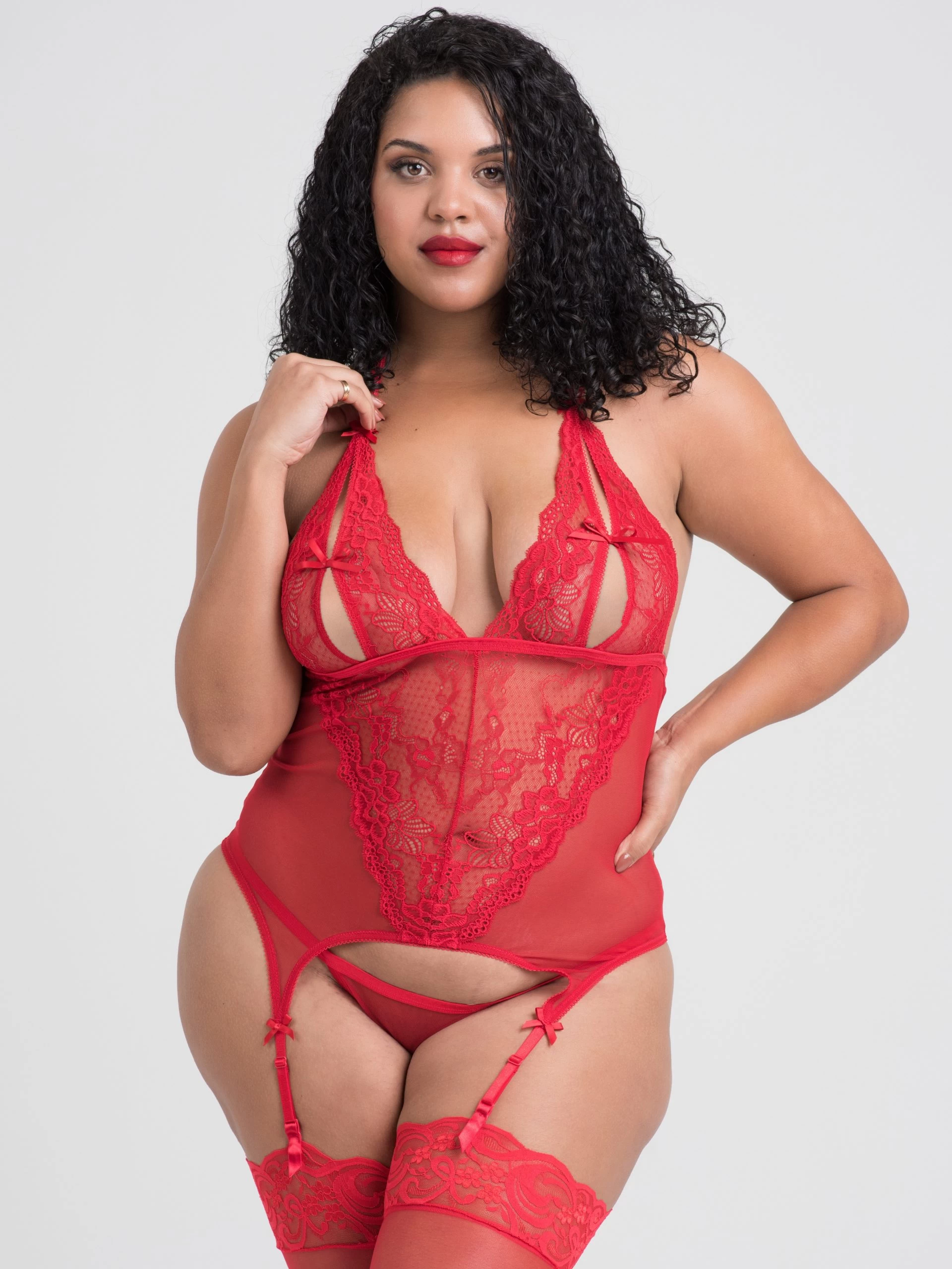 Lovehoney Plus Size Red Peek-a-Boo Merry Widow Bustier Set 3 Lovehoney Plus Size Red Peek-a-Boo Merry Widow Bustier Set