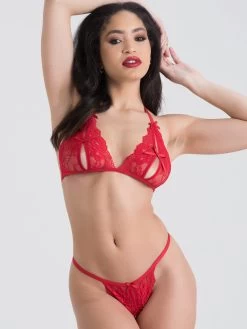 Lovehoney Red Lace Peek-a-Boo Bra And Crotchless G-String Set