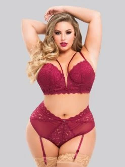 Lovehoney Plus Size Parisienne Wine Lace Plunge Longline Bra Set