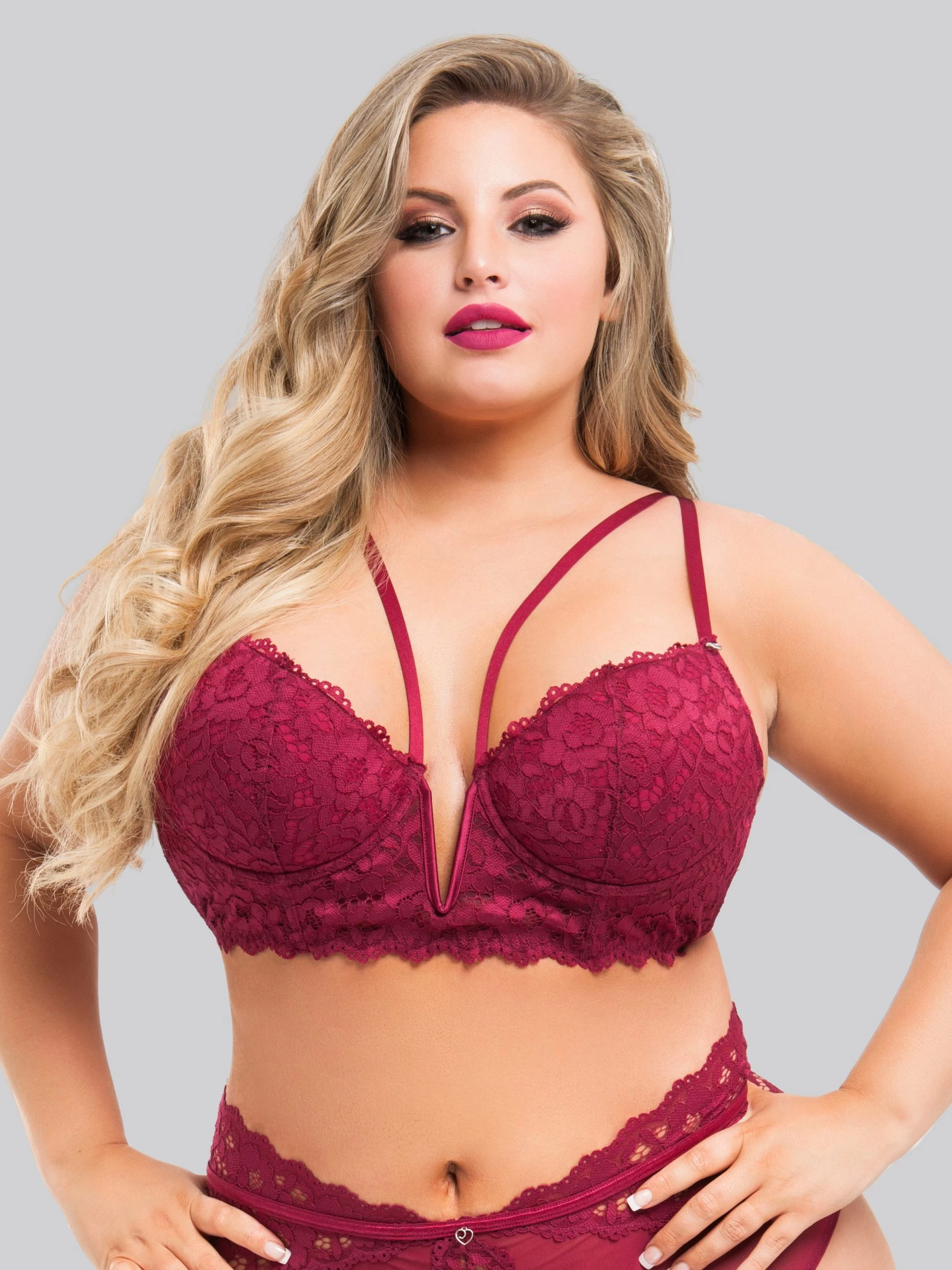 Lovehoney Plus Size Parisienne Wine Lace Plunge Longline Bra Set 5 Lovehoney Plus Size Parisienne Wine Lace Plunge Longline Bra Set - Image 3