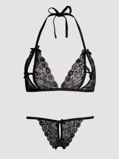 Lovehoney Plus Size Black Lace Peek-a-Boo Bra And Crotchless G-String Set