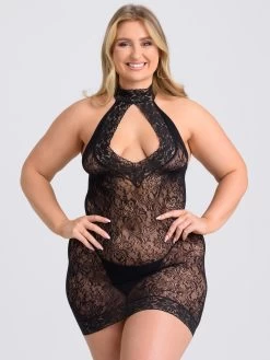 Lovehoney Plus Size Black Lace Keyhole Front Mini Dress