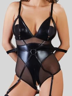 Cottelli Wet Look And Mesh Bondage Teddy With Arm Restraints -Online Sex toys shop 74600 a40950 black regular 004