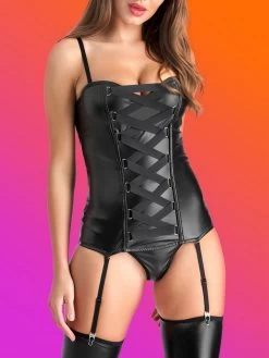 Lovehoney Fierce Leather-Look Basque Set -Online Sex toys shop 75183 a41282 black regular 001