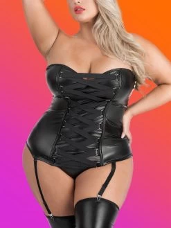 Lovehoney Plus Size Fierce Leather-Look Basque Set -Online Sex toys shop 75185 a41282 black x size 001