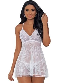 Escante White Lace And Mesh Layered Babydoll Set