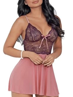 Escante Plum Lace And Mesh Babydoll Set -Online Sex toys shop 75234 a41299 purple regular 002