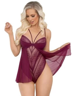 Escante Wine Lace And Mesh Underwired Teddy