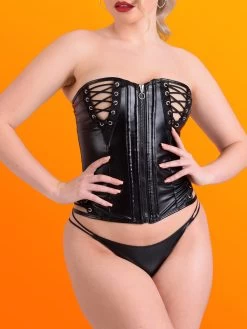 Lovehoney Fierce Leather-Look Lace-Up Bustier Set -Online Sex toys shop 79732 a44246 black regular 001