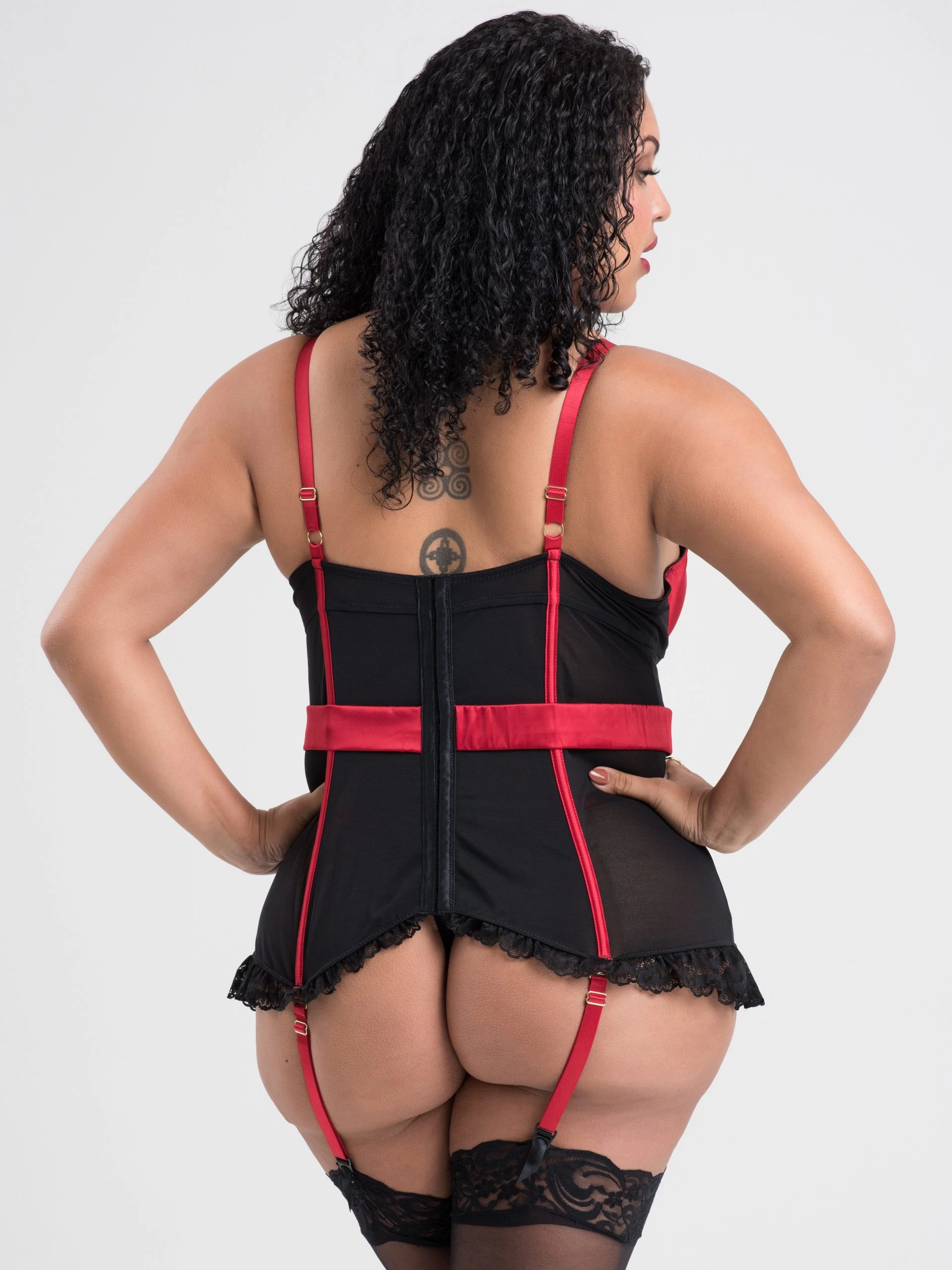 Lovehoney Plus Size Empress Red Satin And Lace Basque Set 4 Lovehoney Plus Size Empress Red Satin And Lace Basque Set - Image 2