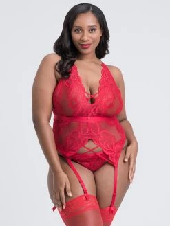 Lovehoney Plus Size Beau Red Lace Basque Set