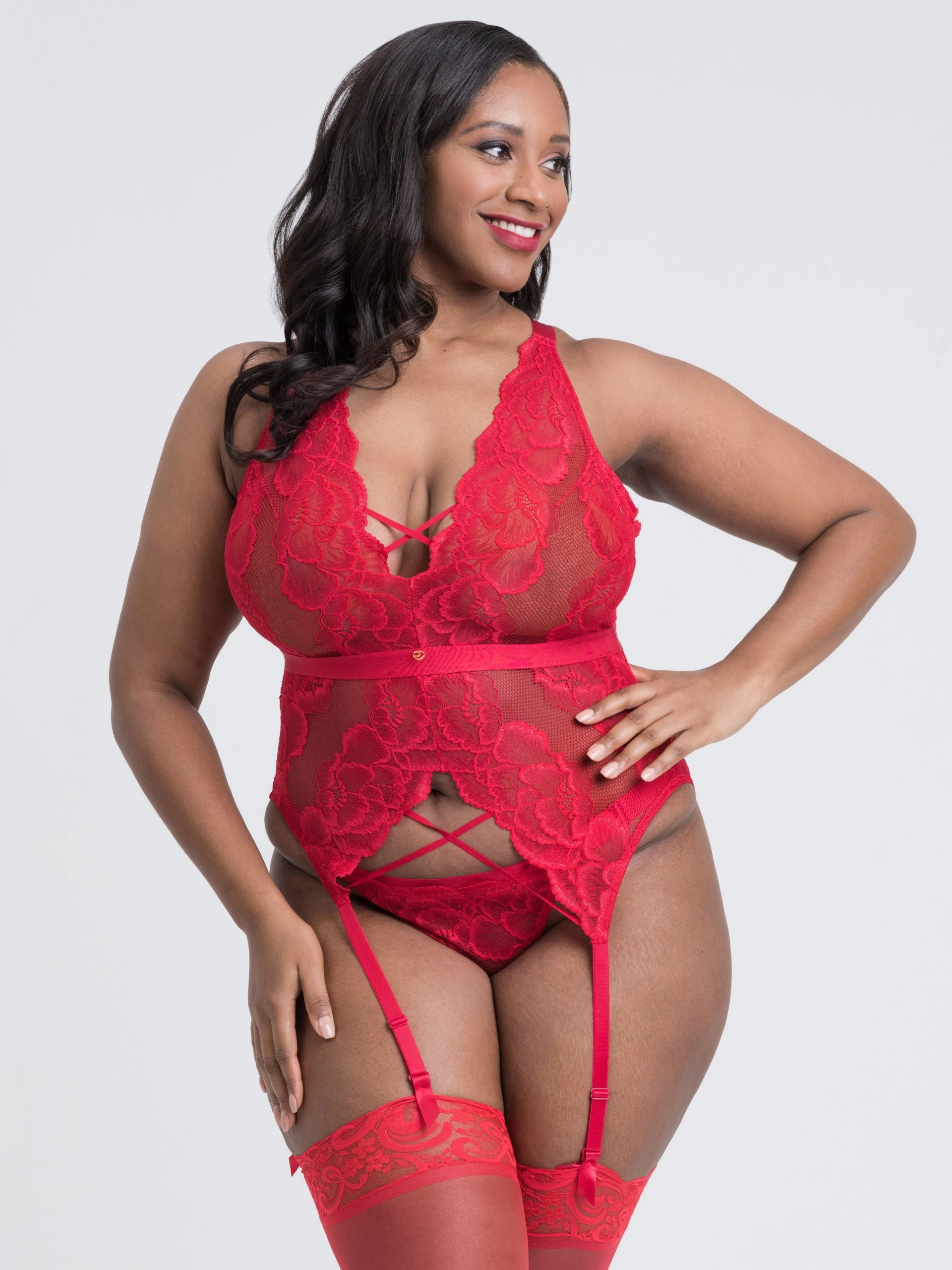 Lovehoney Plus Size Beau Red Lace Basque Set 4 Lovehoney Plus Size Beau Red Lace Basque Set - Image 2