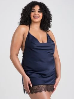 Lovehoney Plus Size Dark Orchid Navy Satin And Lace Chemise