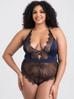 Lovehoney Plus Size Dark Orchid Navy Satin And Lace Plunge Teddy