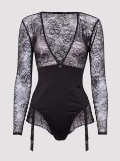 Lovehoney Plus Size Hourglass Black Smoothing Long Sleeve Crotchless Teddy