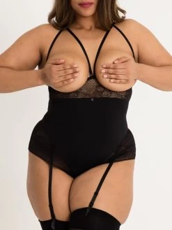 Lovehoney Plus Size Hourglass Black Smoothing Open-Cup Crotchless Teddy