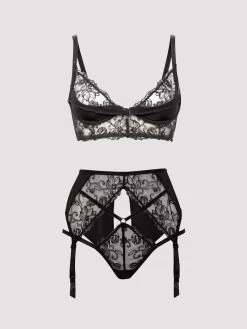 Lovehoney Plus Size Lotus Black Sheer Embroidered Bra Set