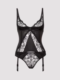 Lovehoney Lotus Black Sheer Embroidered Basque Set