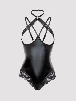 Lovehoney Fierce Romance Black Wet Look And Lace Open-Cup Teddy