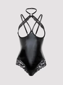 Lovehoney Plus Size Fierce Romance Black Wet Look And Lace Open-Cup Teddy