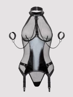 Lovehoney Plus Size Fierce Siren Fishnet And Wet Look Basque Set