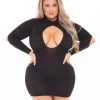 Pink Lipstick Plus Size Sheer Black Long Sleeve Devilish Backless Dress