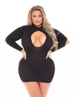 Pink Lipstick Plus Size Sheer Black Long Sleeve Devilish Backless Dress