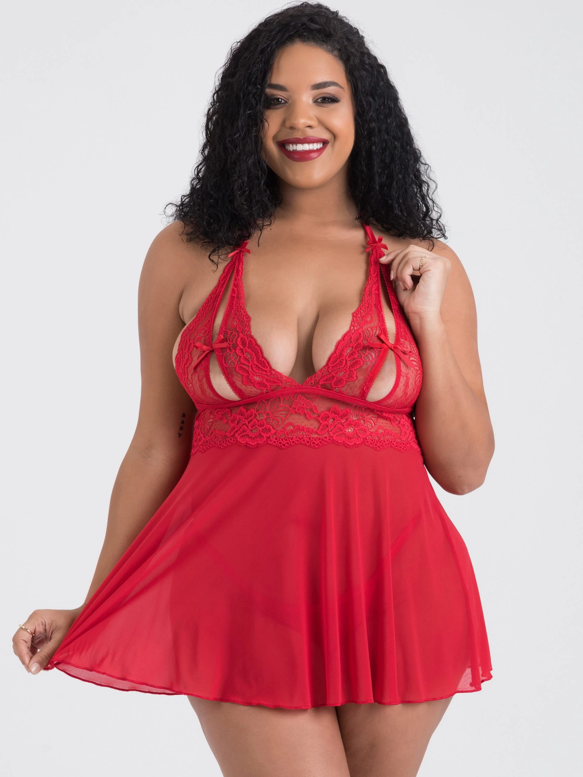 Lovehoney Plus Size Peek-a-Boo Red Lace Babydoll Set 3 Lovehoney Plus Size Peek-a-Boo Red Lace Babydoll Set