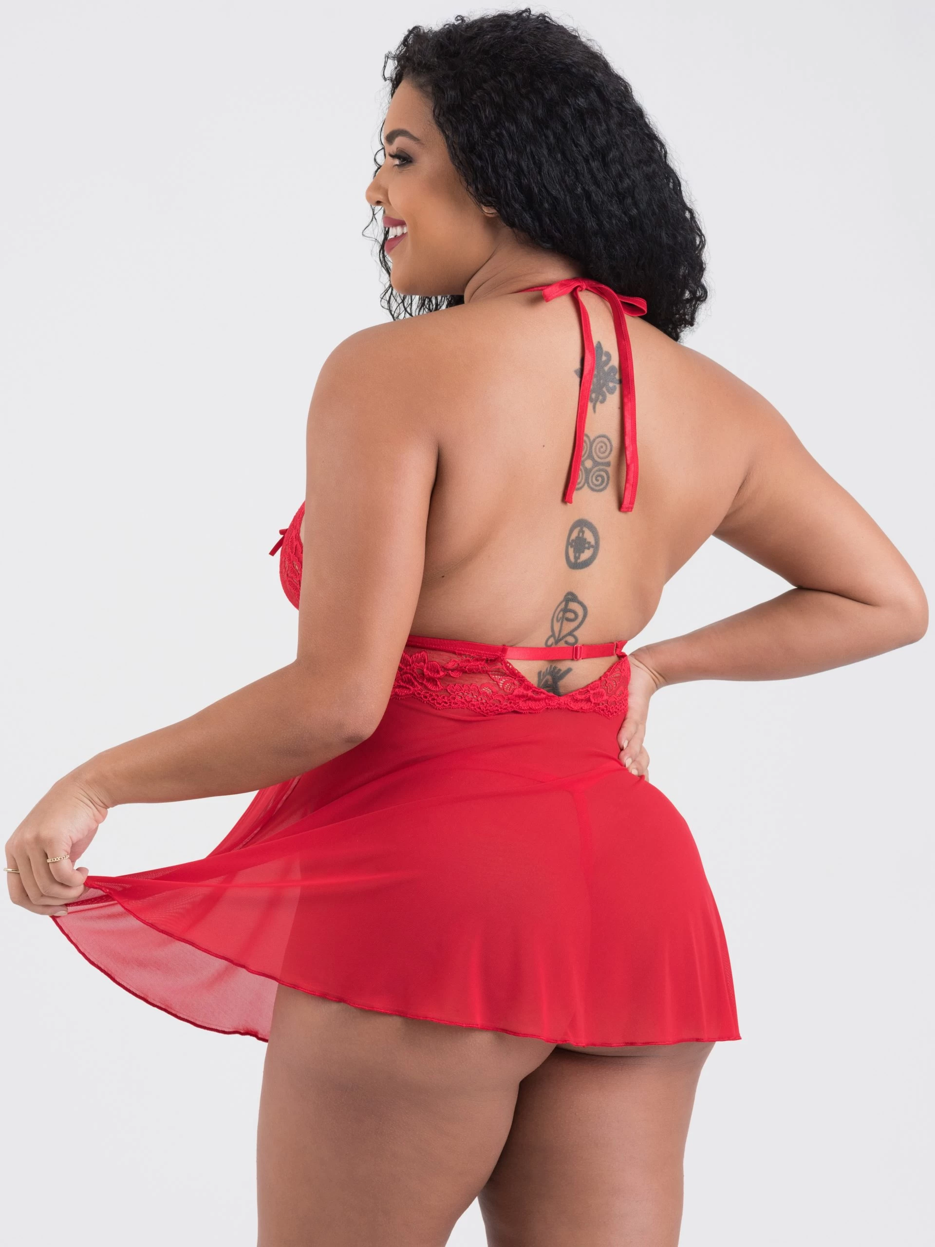 Lovehoney Plus Size Peek-a-Boo Red Lace Babydoll Set 4 Lovehoney Plus Size Peek-a-Boo Red Lace Babydoll Set - Image 2