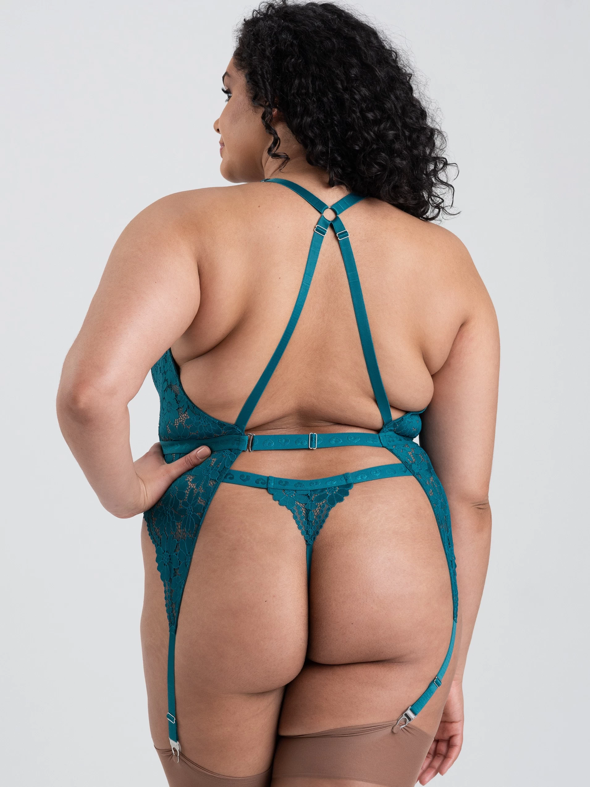 Lovehoney Plus Size Mindful Forest Green Recycled Lace Bustier Set 4 Lovehoney Plus Size Mindful Forest Green Recycled Lace Bustier Set - Image 2