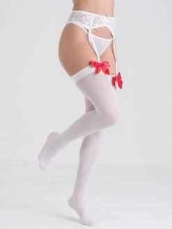 Lovehoney Fantasy White And Red Bow Top Stockings
