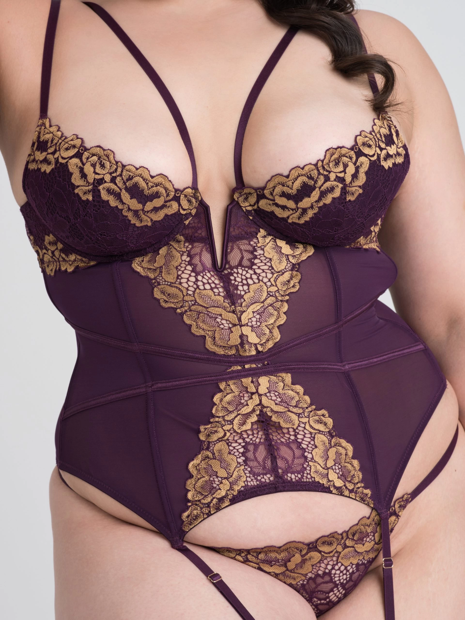 Lovehoney Plus Size Parisienne Luxe Purple Lace Basque Set 3 Lovehoney Plus Size Parisienne Luxe Purple Lace Basque Set