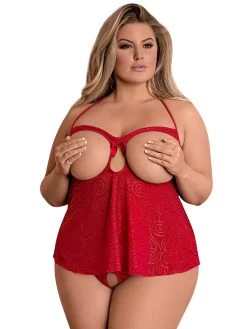Exposed Plus Size Red Open-Cup Crotchless Cami Set