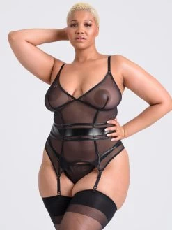 Lovehoney Plus Size Fierce Wet Look And Mesh Paneled Black Bustier Set
