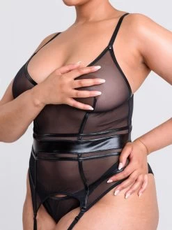 Lovehoney Plus Size Fierce Wet Look And Mesh Paneled Black Bustier Set -Online Sex toys shop 84761 a47285 black x size 002