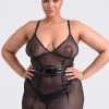 Lovehoney Plus Size Fierce Wet Look And Mesh Paneled Black Mini Dress Set