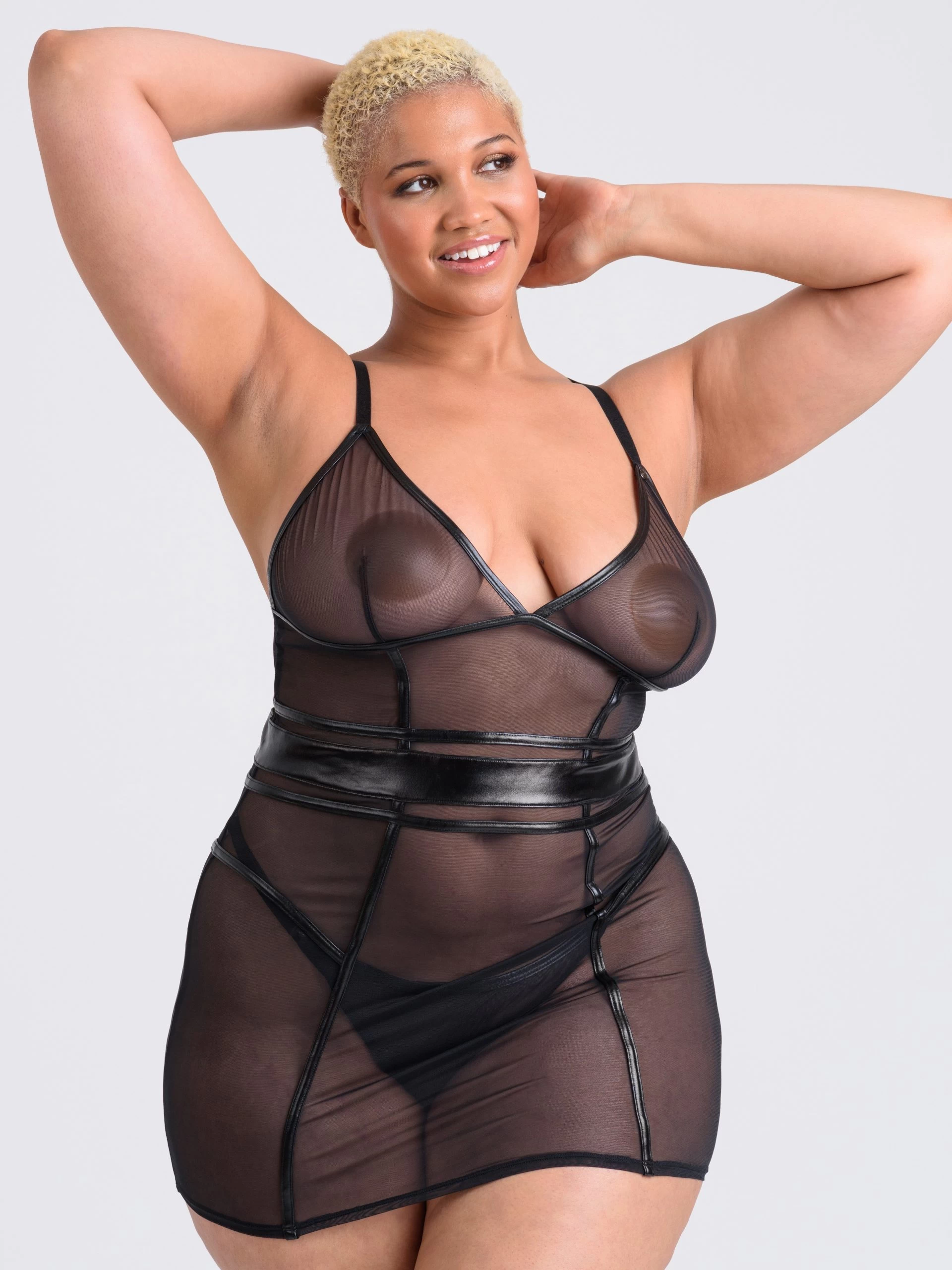 Lovehoney Plus Size Fierce Wet Look And Mesh Paneled Black Mini Dress Set 4 Lovehoney Plus Size Fierce Wet Look And Mesh Paneled Black Mini Dress Set - Image 2