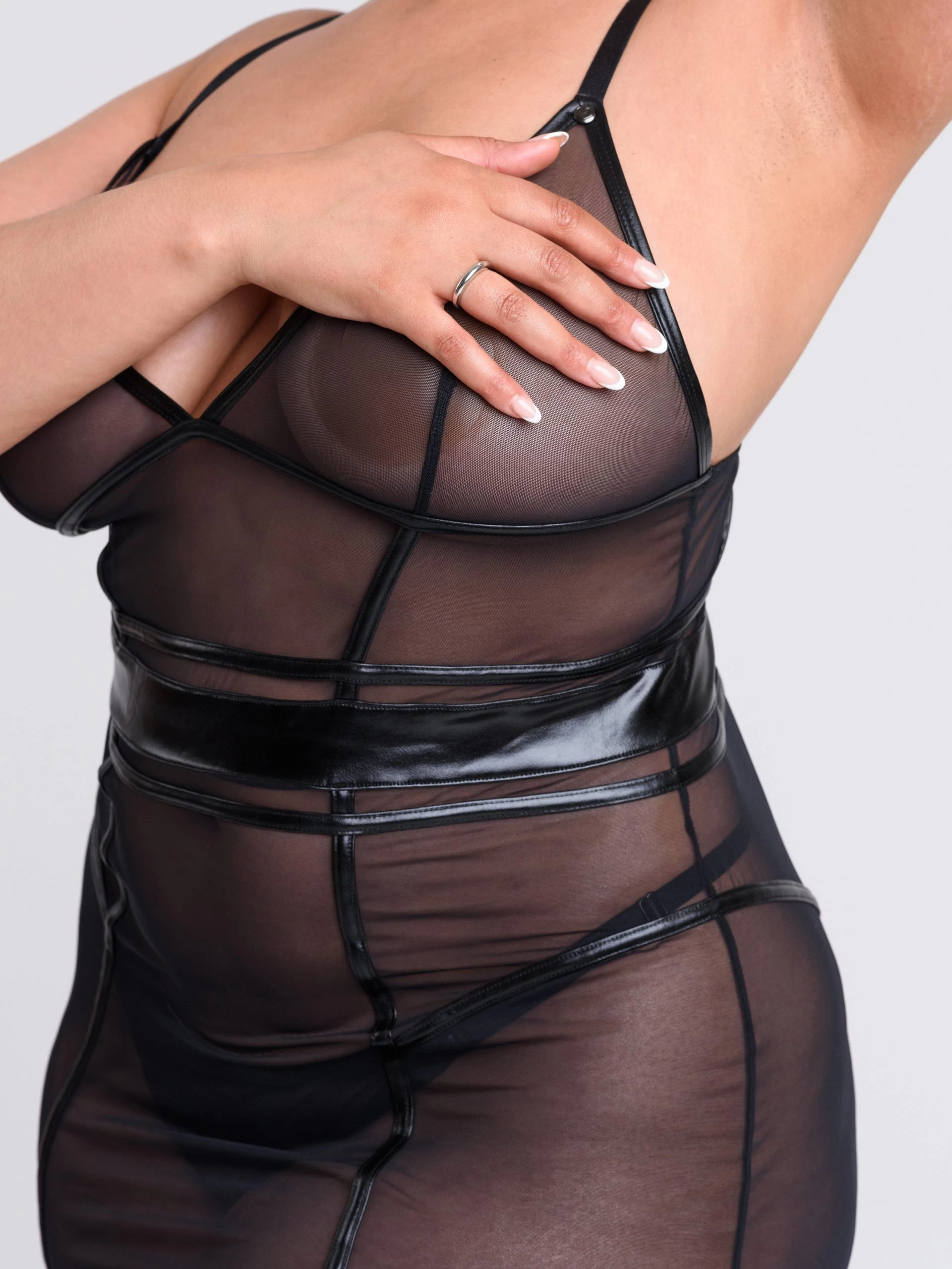 Lovehoney Plus Size Fierce Wet Look And Mesh Paneled Black Mini Dress Set 6 Lovehoney Plus Size Fierce Wet Look And Mesh Paneled Black Mini Dress Set - Image 4