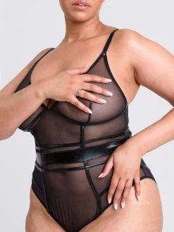 Lovehoney Plus Size Fierce Wet Look And Mesh Open-Back Teddy -Online Sex toys shop 84767 a47289 black x size 002