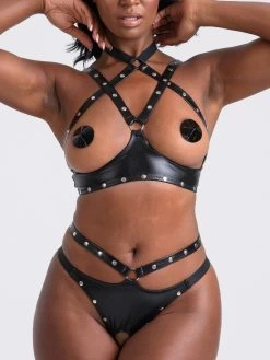 Lovehoney Fierce Tough Love Wet Look Open-Cup Crotchless Bra Set