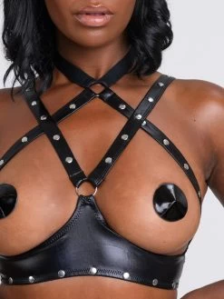 Lovehoney Fierce Tough Love Wet Look Open-Cup Crotchless Bra Set -Online Sex toys shop 85033 a47477 black regular 003