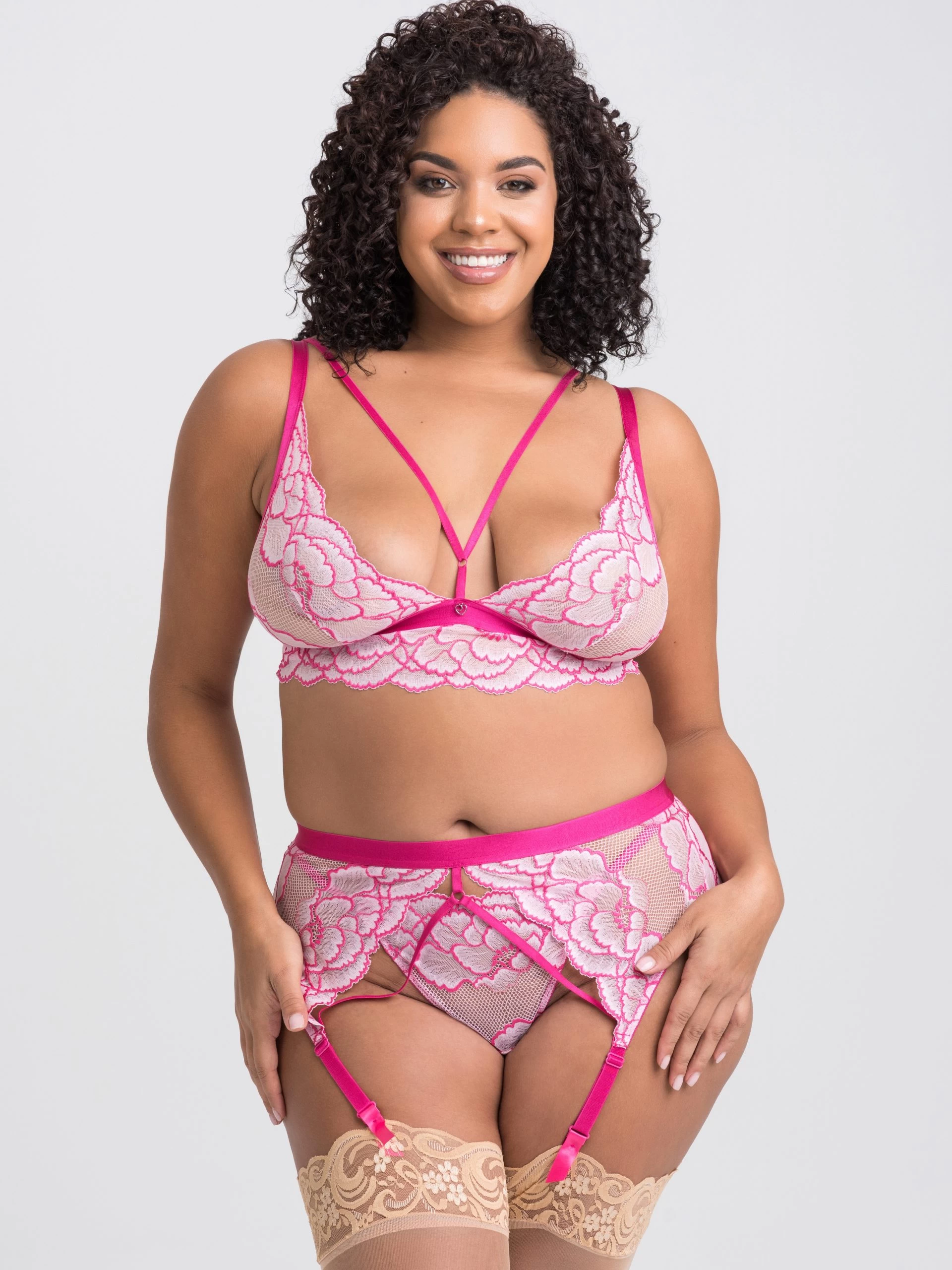 Lovehoney Plus Size Tiger Lily Pink Lace Bra Set 3 Lovehoney Plus Size Tiger Lily Pink Lace Bra Set